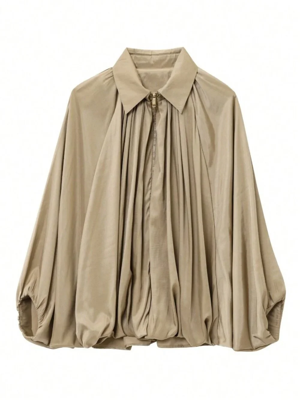 Khaki Casual Women's Draping Puff Bomber Jacket